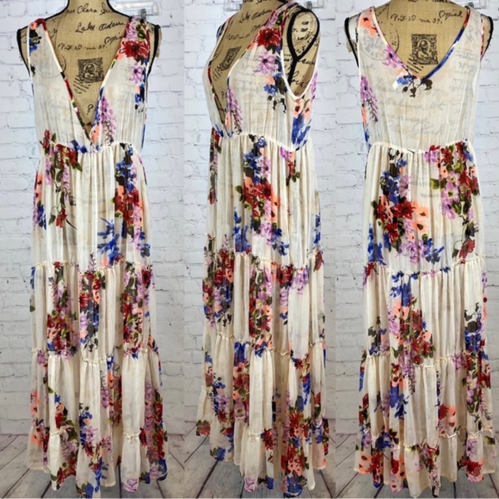 Raga Semi Sheer Floral Print Plunge Front Multi Tier Maxi